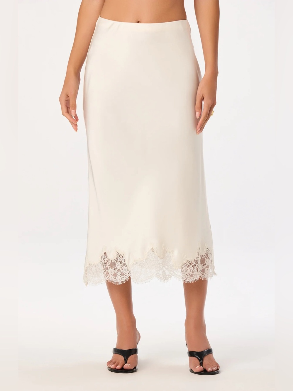 Lace-Trim Cream Midi Slip Skirt